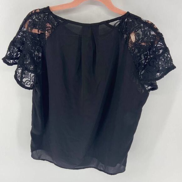 Anthropologie Maeve Black Silky Lace shoulder crew neck Top blouse womens xs - Picture 5 of 5
